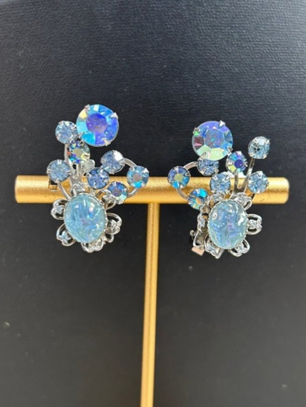 Stunning and Sparkling Vintage Silver and Blue AB Crystal Rhinestone Earrings
